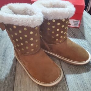 Toddler girls True Craft faux suede boot/fur, gold accents, bow on back Sz.10
